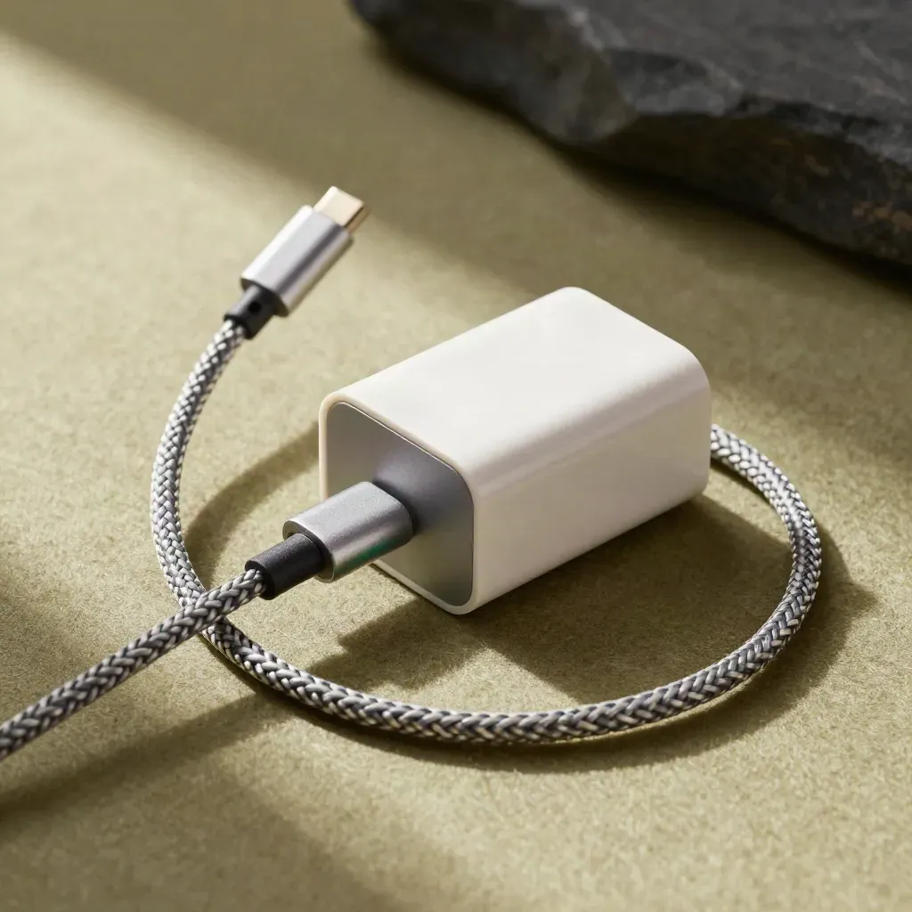 Makro av USB-C-laddare med flätad kabel och adapter i khaki och olivtoner.